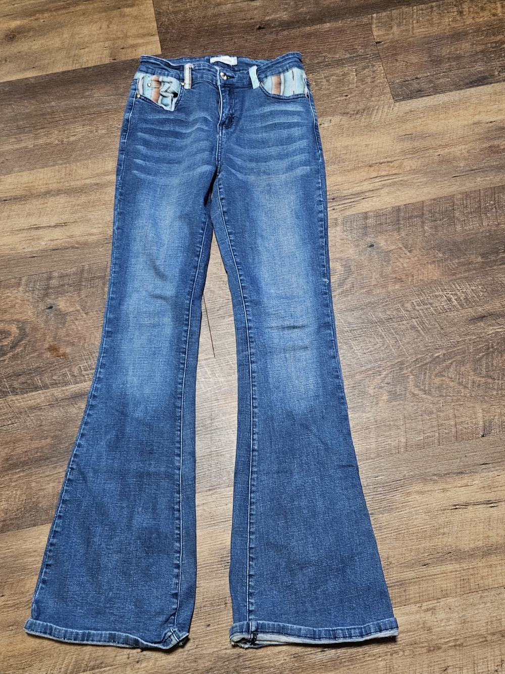 Mid-Rise Blue Flare Jeans with Striped Pocket Detail